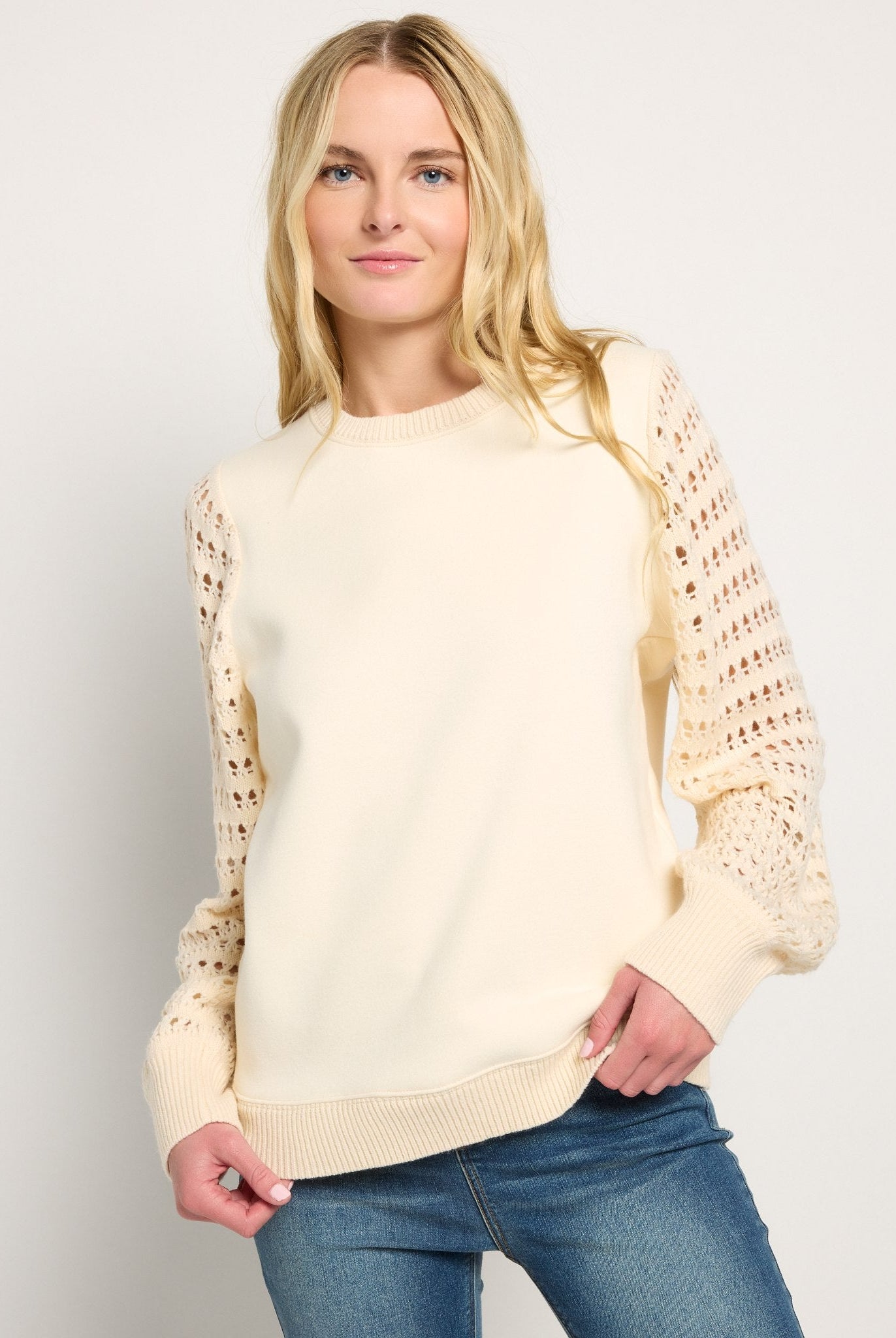 Cream $|& SEAS Opulent Mixed Media Sweatshirt - SOF Front