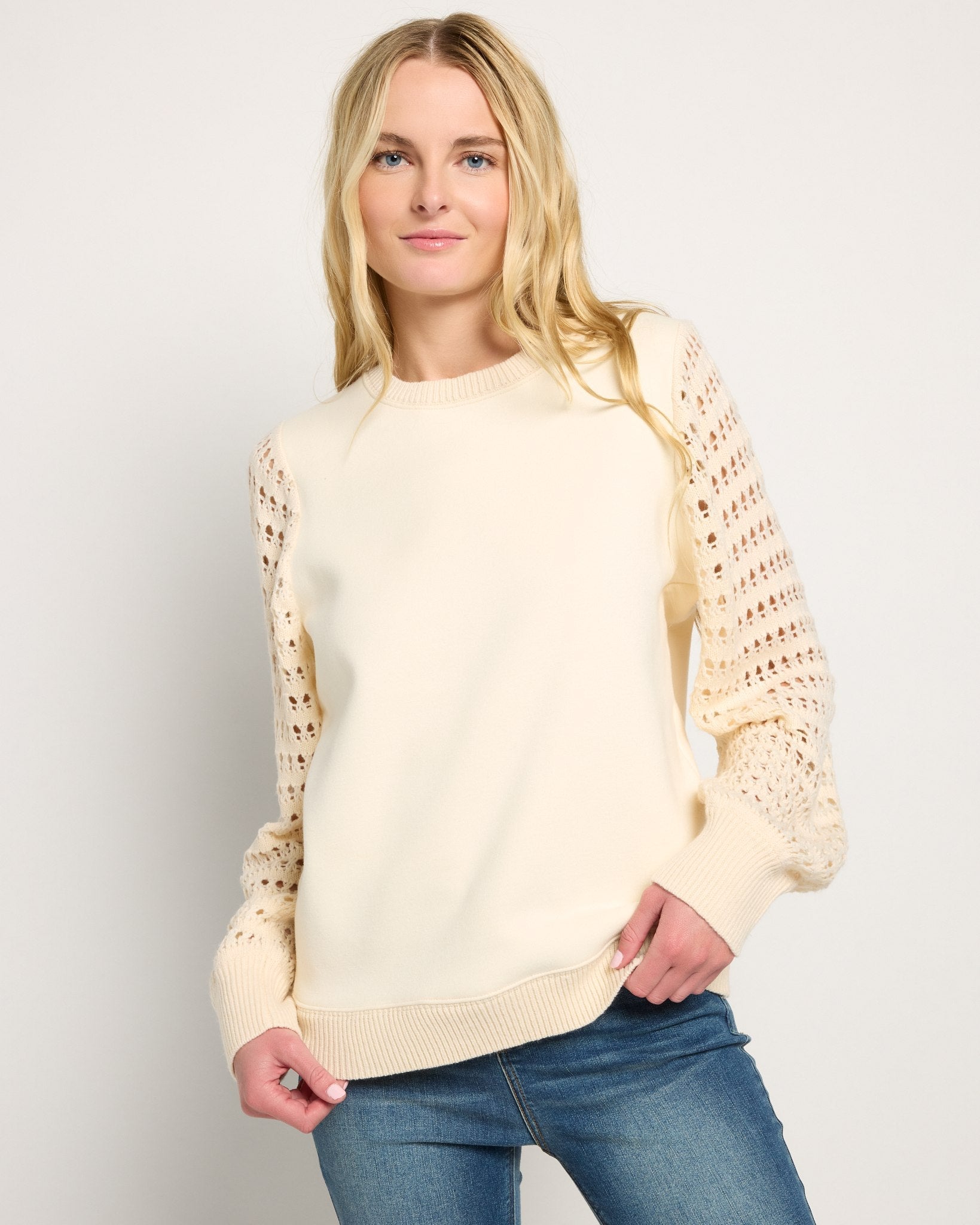 Cream $|& SEAS Opulent Mixed Media Sweatshirt - SOF Front