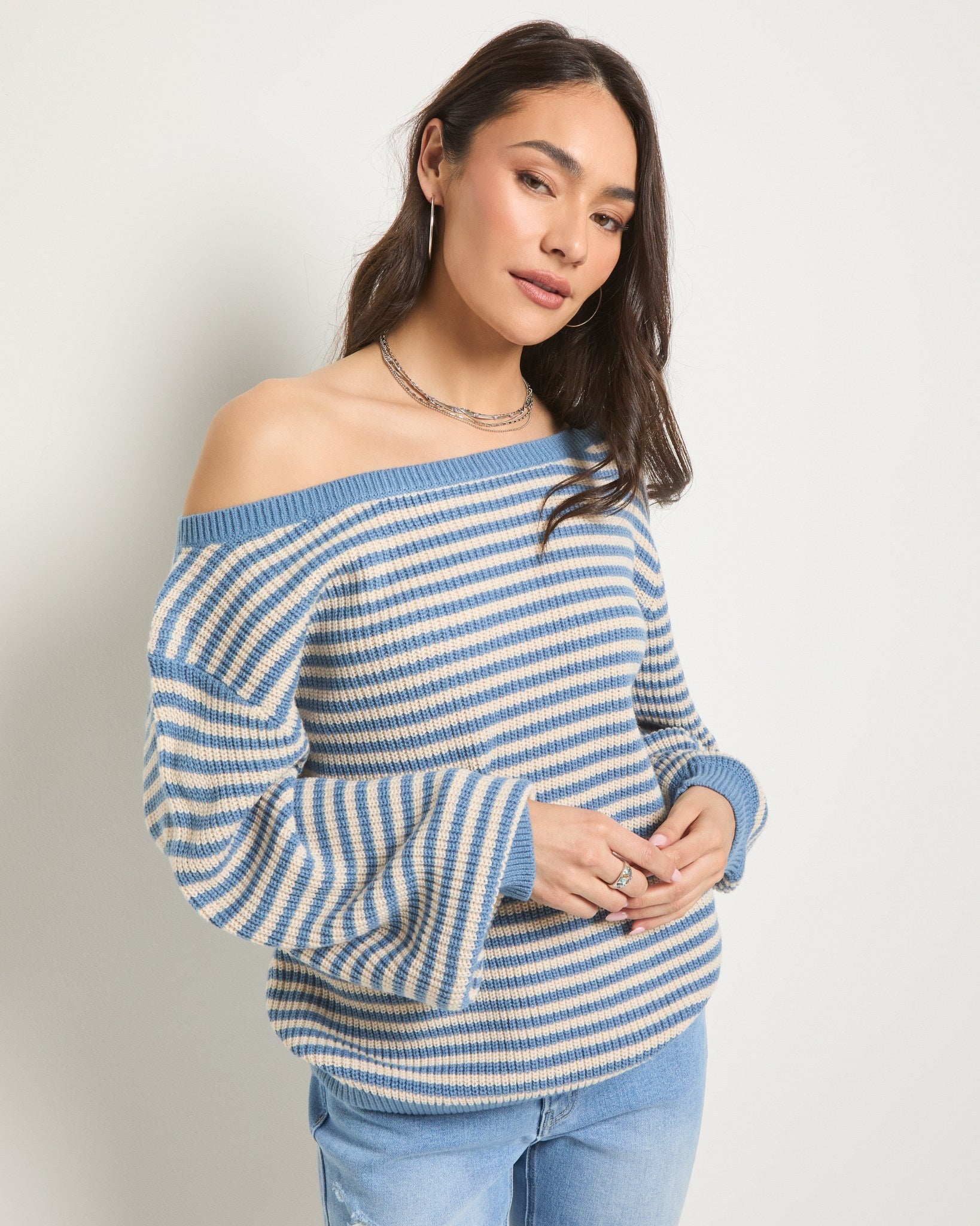 Country Blue/Cream $|& SEAS Sandy Boat Neck Sweater - SOF Front