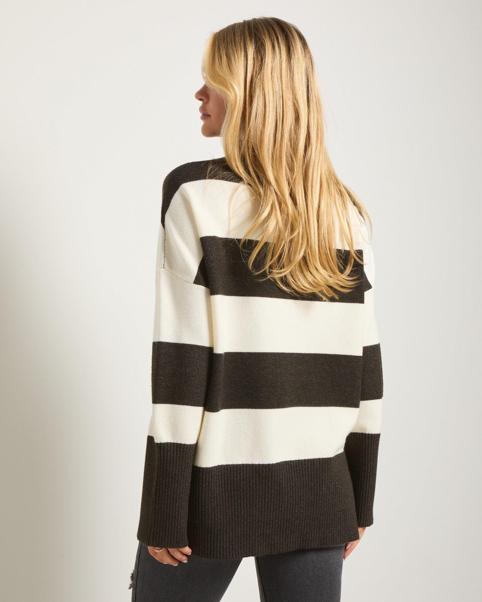 Heather Charcoal $|& SEAS Port Mock Neck Striped Sweater - SOF Back