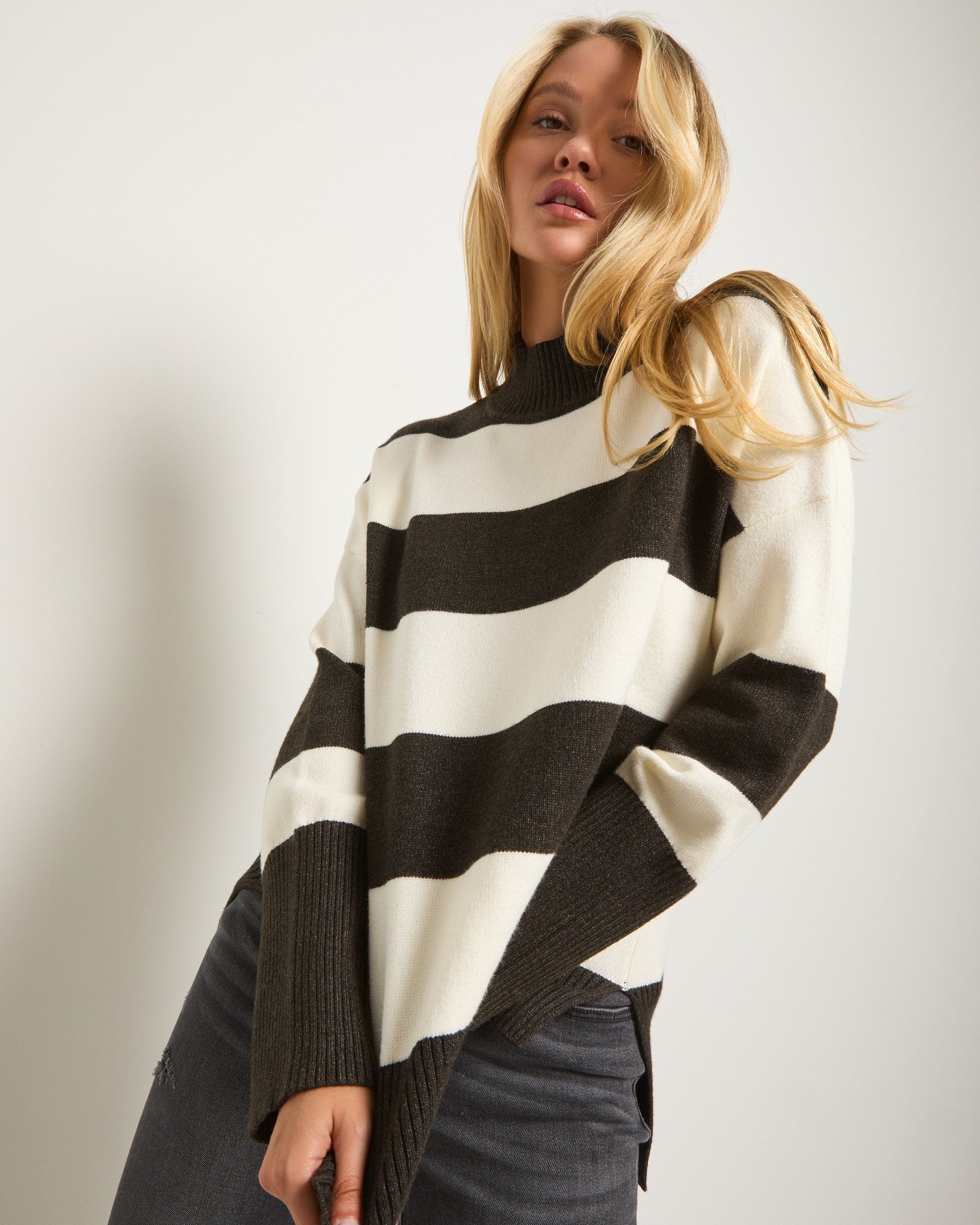Heather Charcoal $|& SEAS Port Mock Neck Striped Sweater - SOF Front