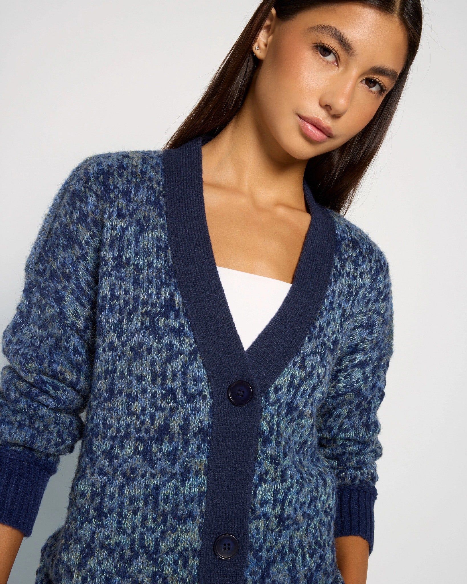 Mariner Midnight $|& SEAS Gemini V-Neck Cardigan - SOF Full Front