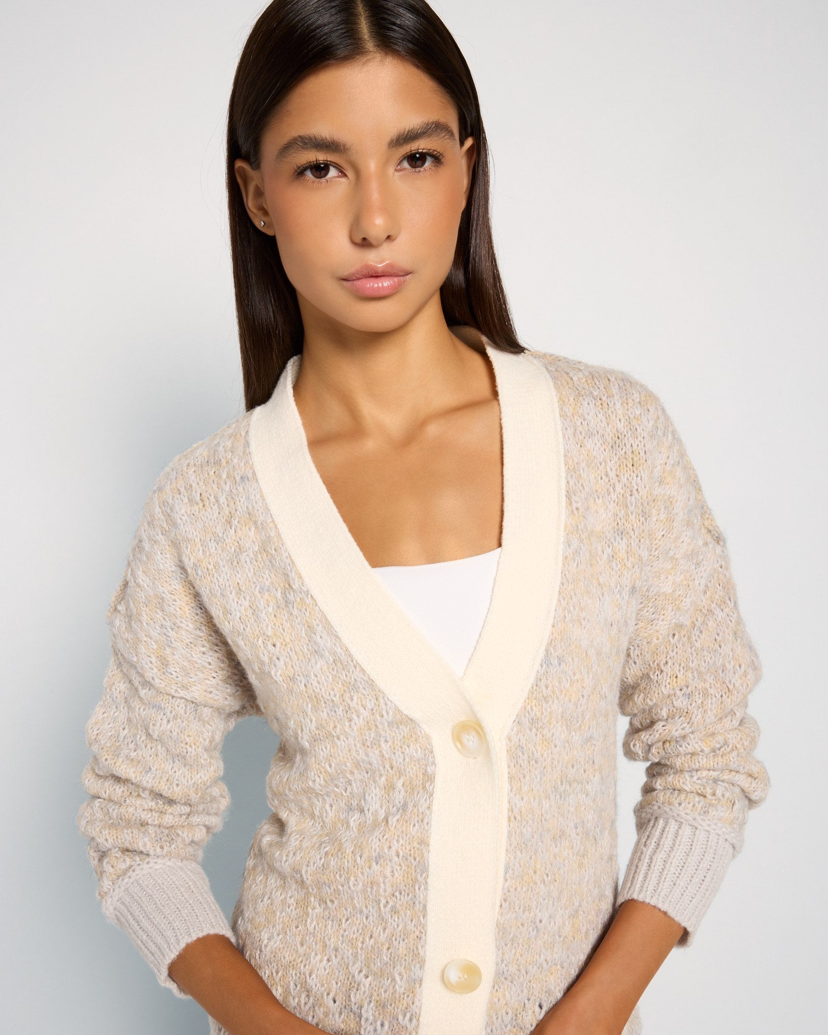 Cream $|& SEAS Gemini V-Neck Cardigan - SOF Full Front
