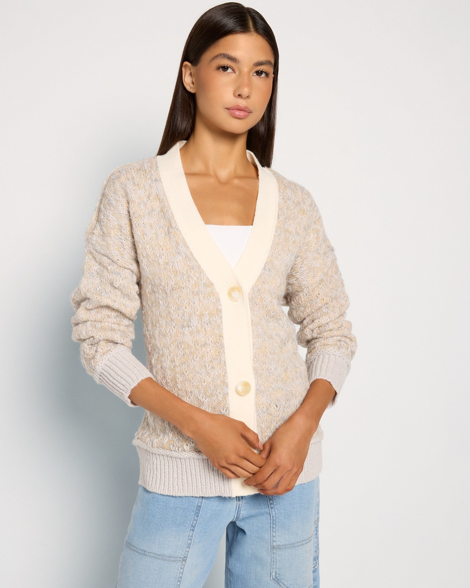 Cream $|& SEAS Gemini V-Neck Cardigan - SOF Front