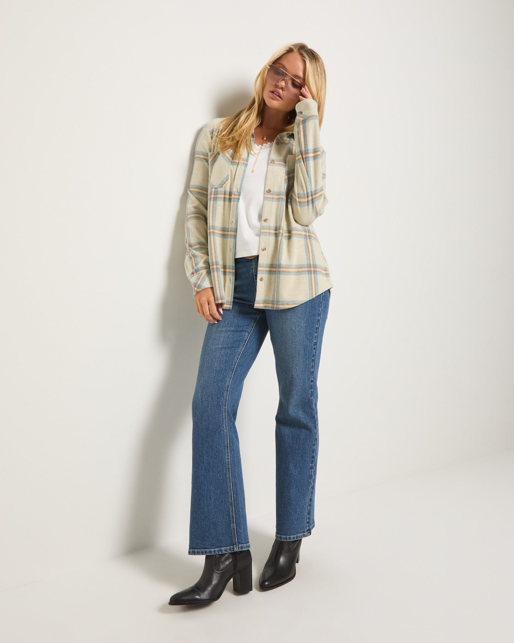 Country Blue/Cream Plaid $|& SEAS Sunset Plaid Knit Top - UGC On Fig