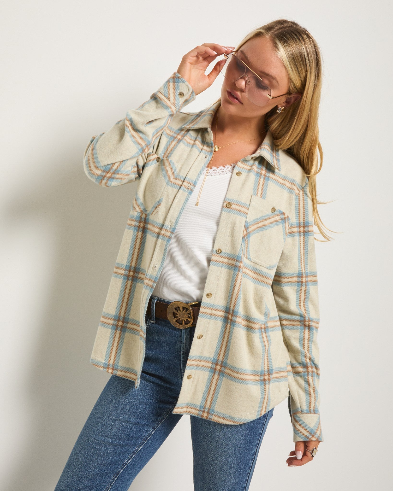 Country Blue/Cream Plaid $|& SEAS Sunset Plaid Knit Top - SOF Front
