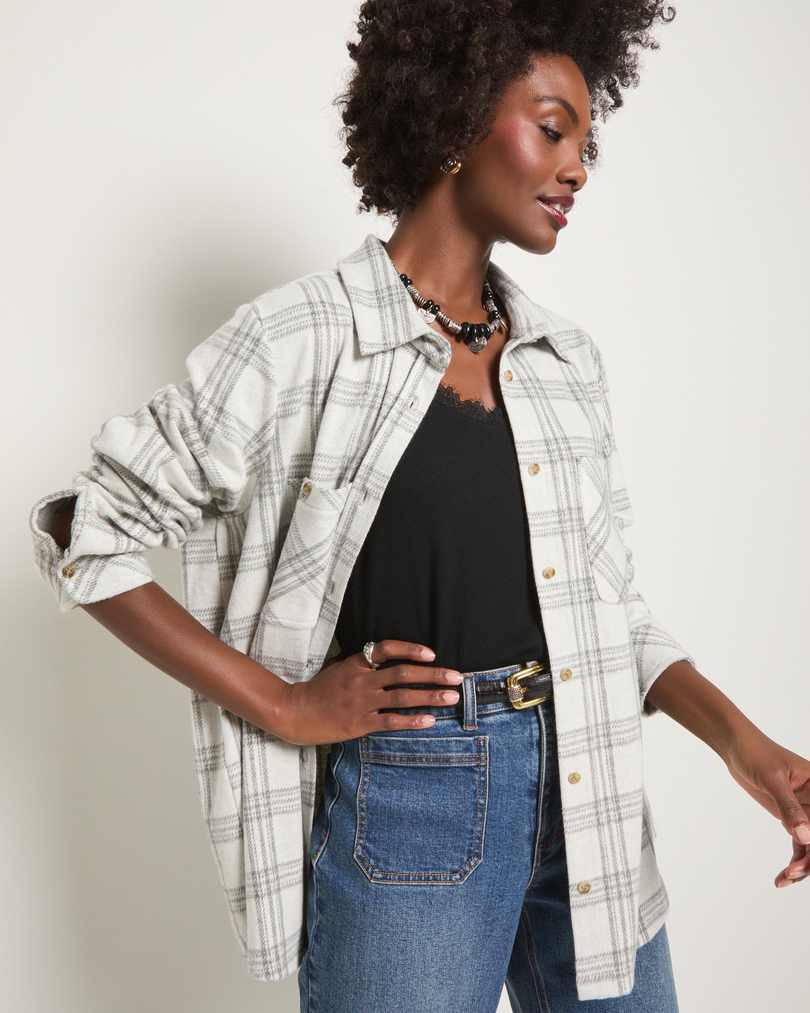 Stone Plaid $|& SEAS Sunset Plaid Knit Top - SOF Front