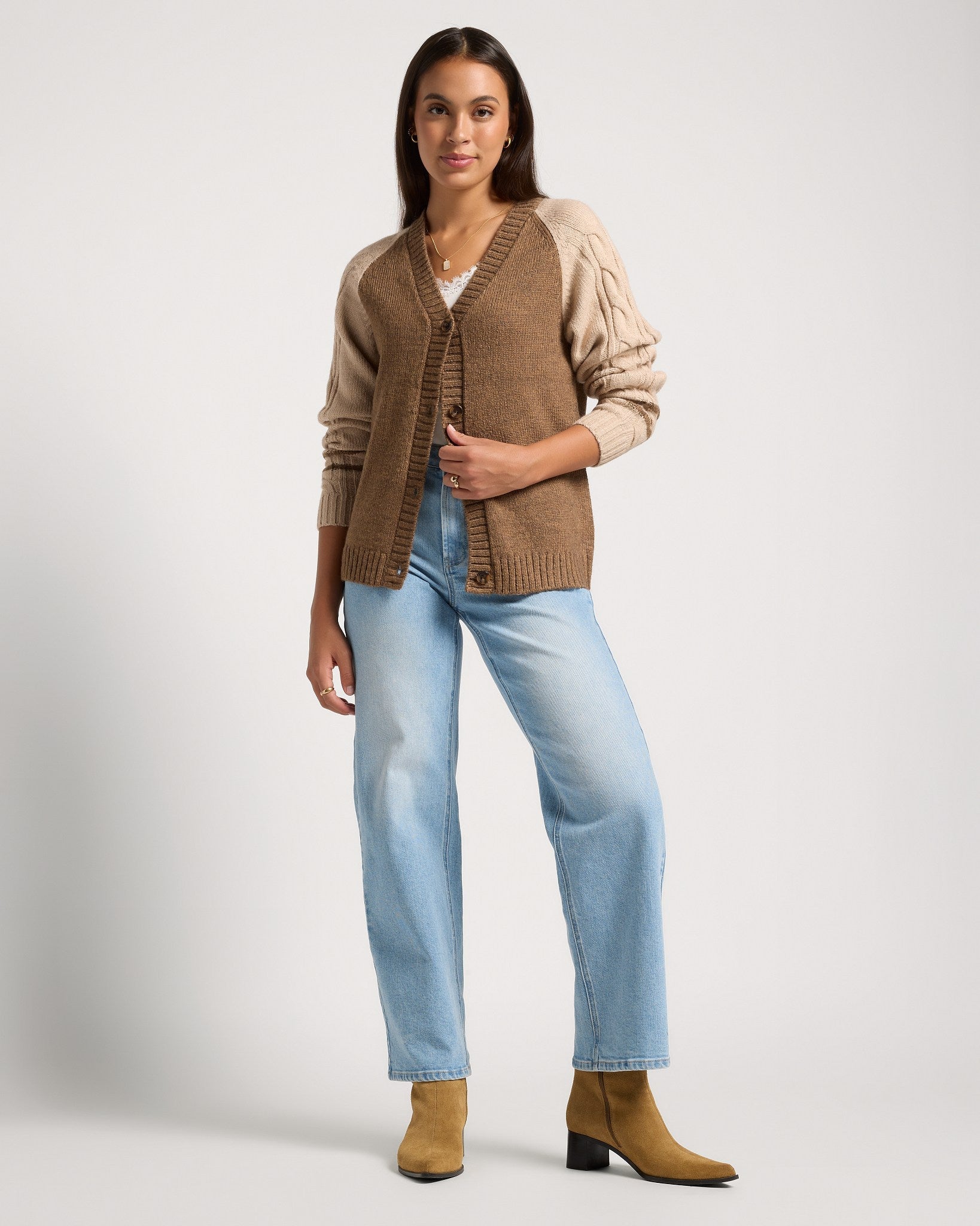 Heather Caramel $|& SEAS Varsity Button Front Cardigan - UGC On Fig