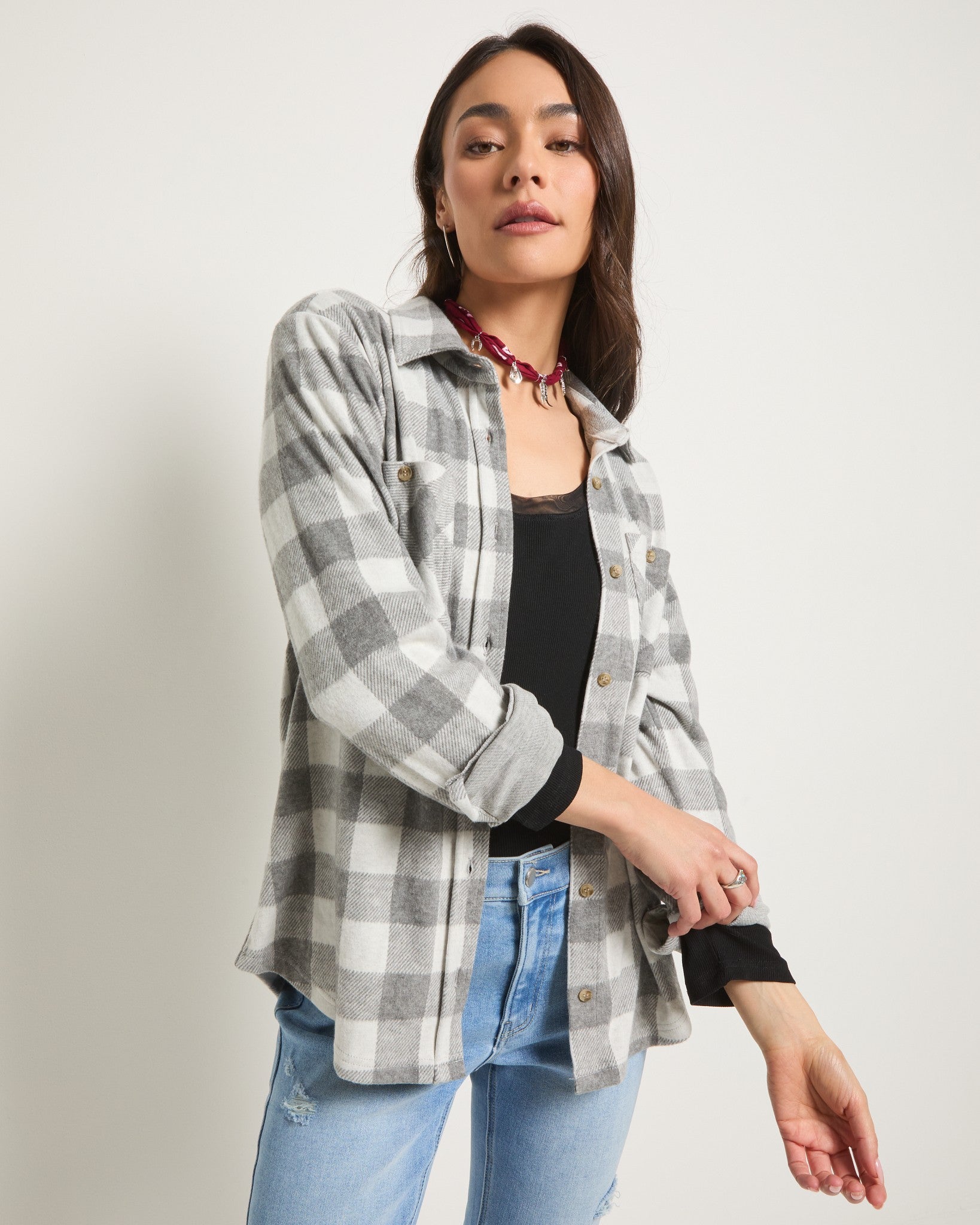 Grey Plaid $|& SEAS Sunset Plaid Knit Top - SOF Full Front