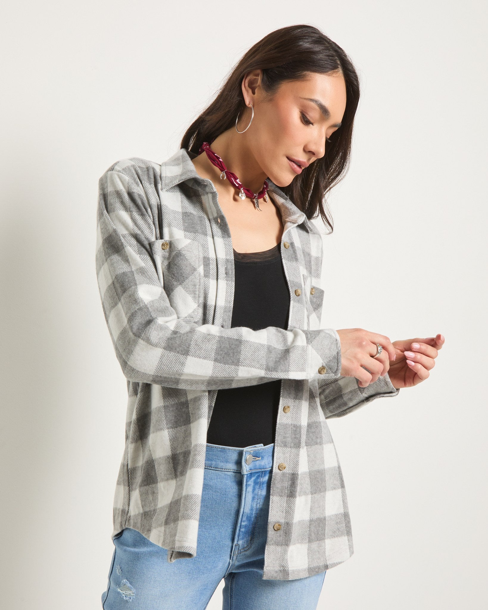 Grey Plaid $|& SEAS Sunset Plaid Knit Top - SOF Front