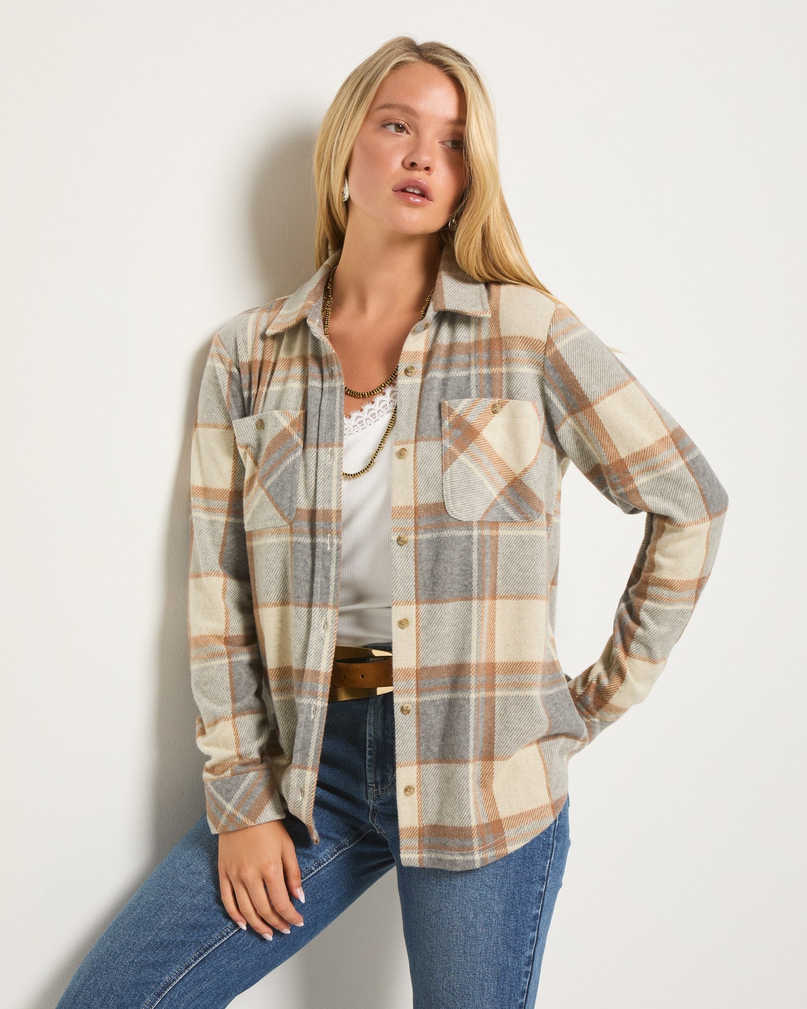 Cream/Grey Plaid $|& SEAS Sunset Plaid Knit Top - SOF Front