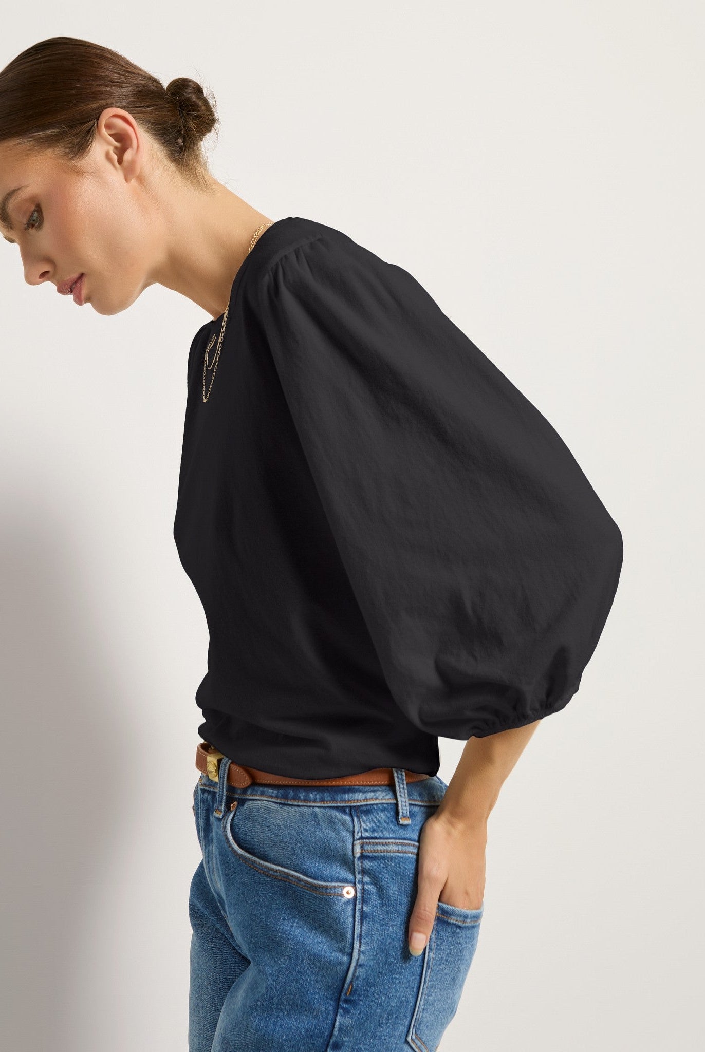 Faded Black $|& SEAS Orchid Peasant Sleeve Top - SOF Full Front