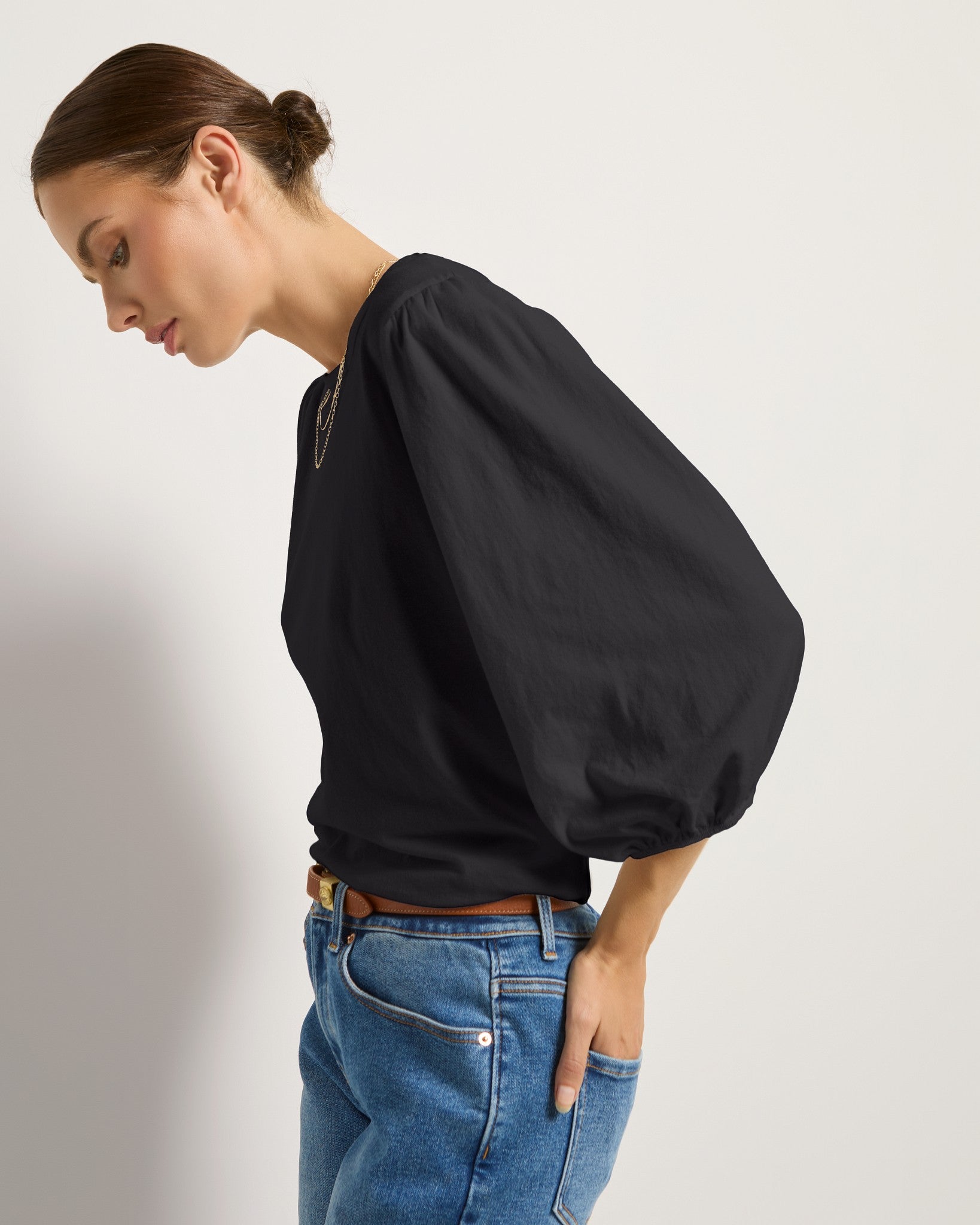 Faded Black $|& SEAS Orchid Peasant Sleeve Top - SOF Full Front