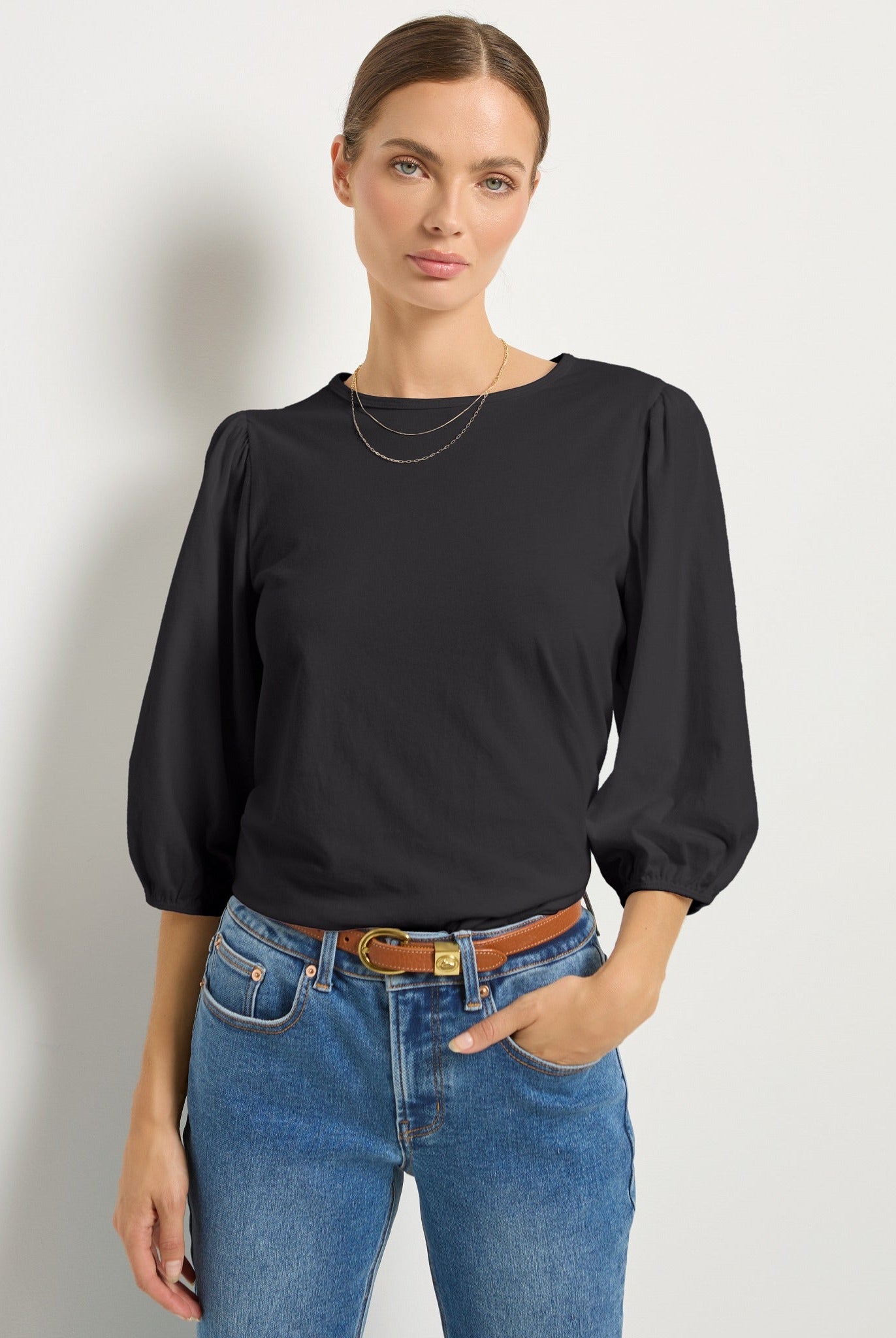 Faded Black $|& SEAS Orchid Peasant Sleeve Top - SOF Front
