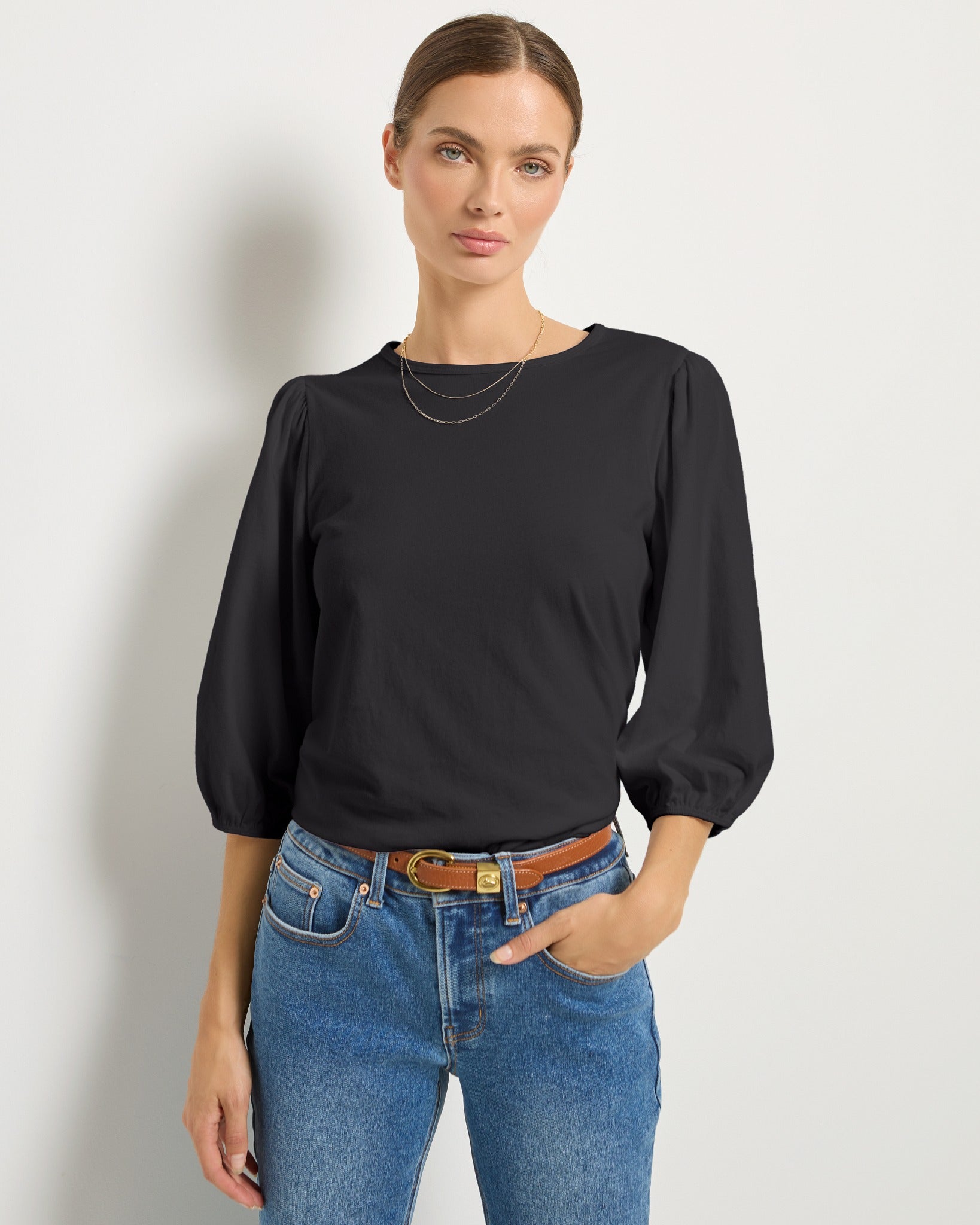 Faded Black $|& SEAS Orchid Peasant Sleeve Top - SOF Front