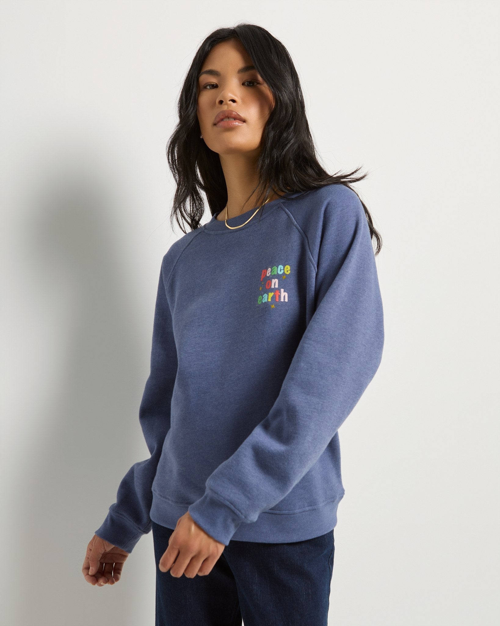 Heather Indigo Haze $|& SEAS Cliffedge Raglan Peace on Earth Sweatshirt - SOF Front