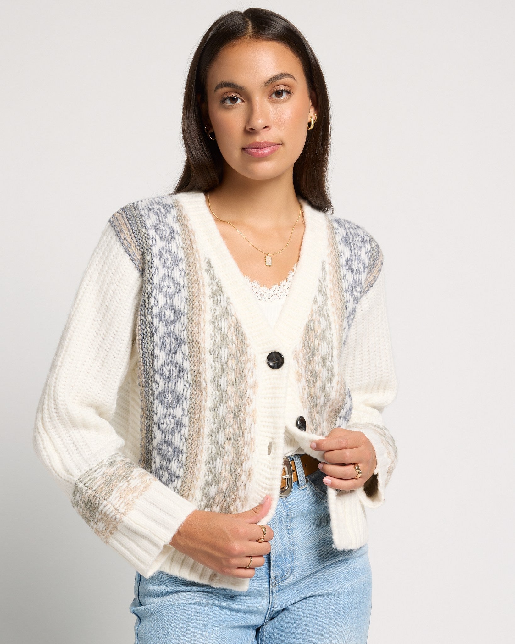 Cream $|& SEAS River Rock Jacquard Cardigan - SOF Front