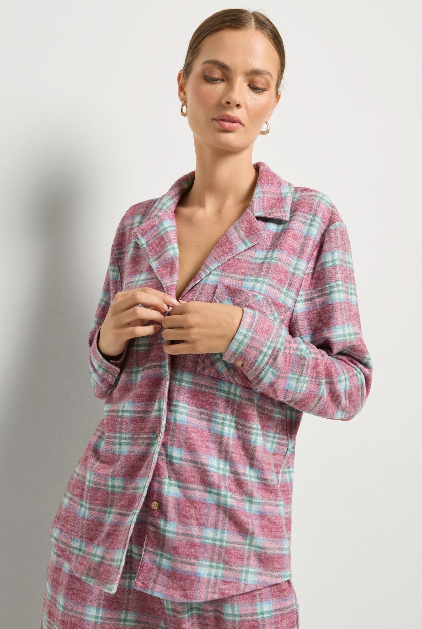 Fireside Tartan Cherry Plaid $|& SEAS Cat Nap Pajama Shirt - SOF Front