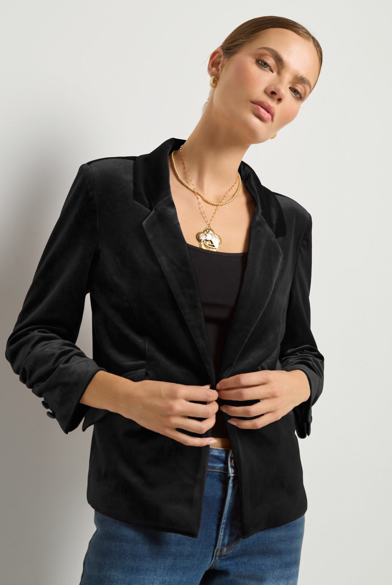 Black $|& SEAS Aries Ruched Sleeve Blazer - SOF Front