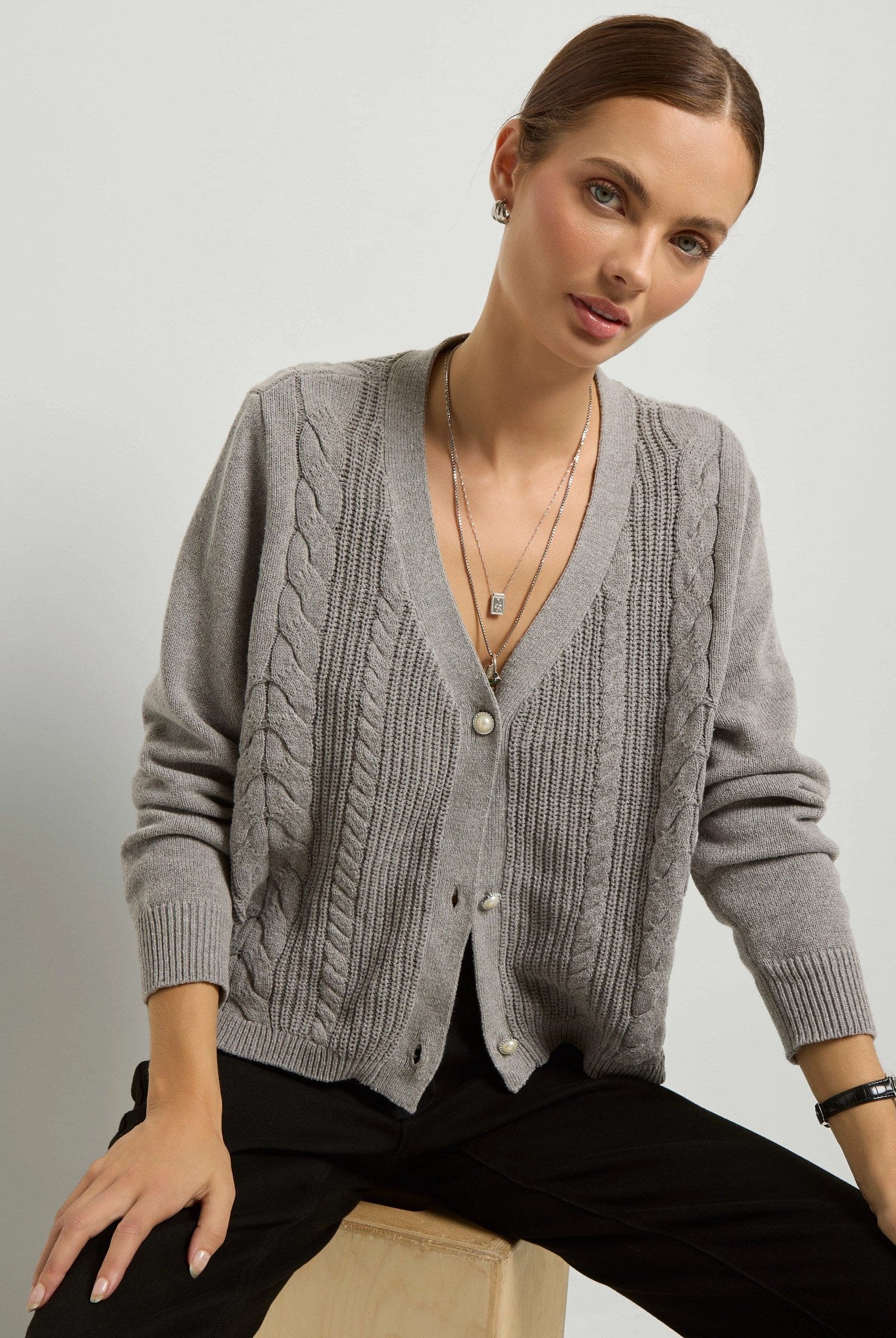 Heather Grey $|& SEAS Amethyst Cable Cardigan - SOF Front