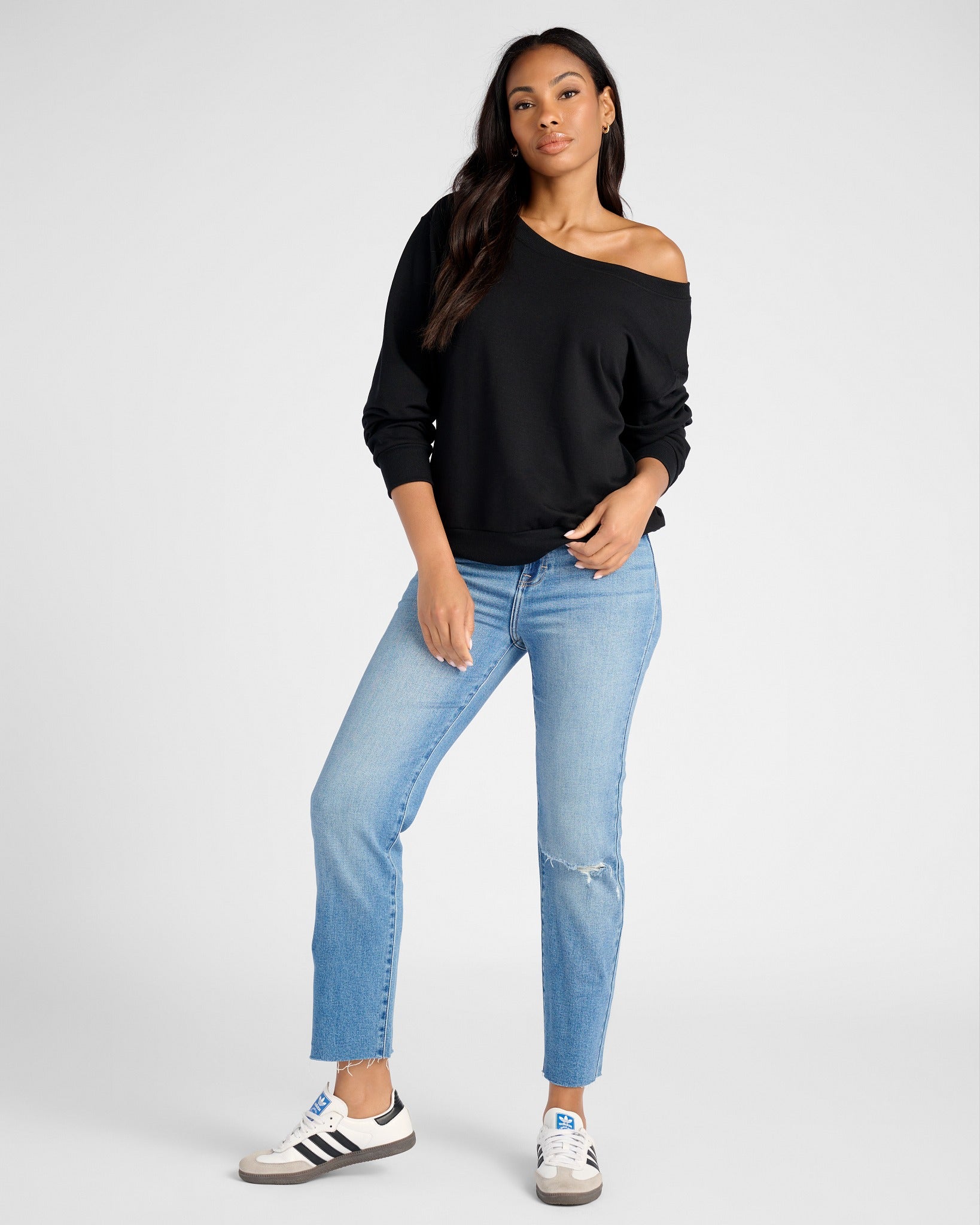 Black $|& SEAS Brooksville One Shoulder Sweatshirt - SOF Full Front