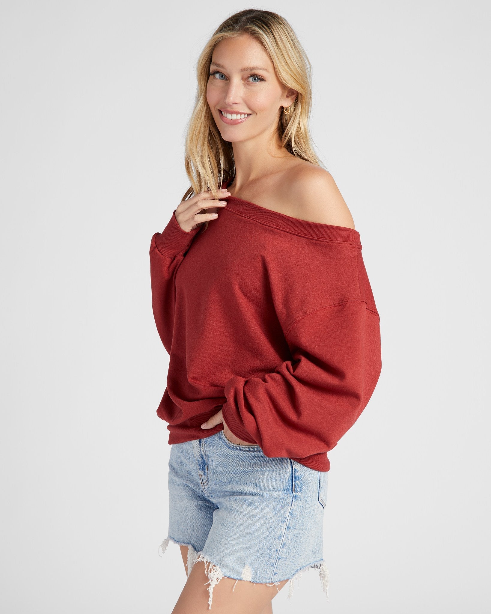 Rosewood $|& SEAS Brooksville One Shoulder Sweatshirt - SOF Front