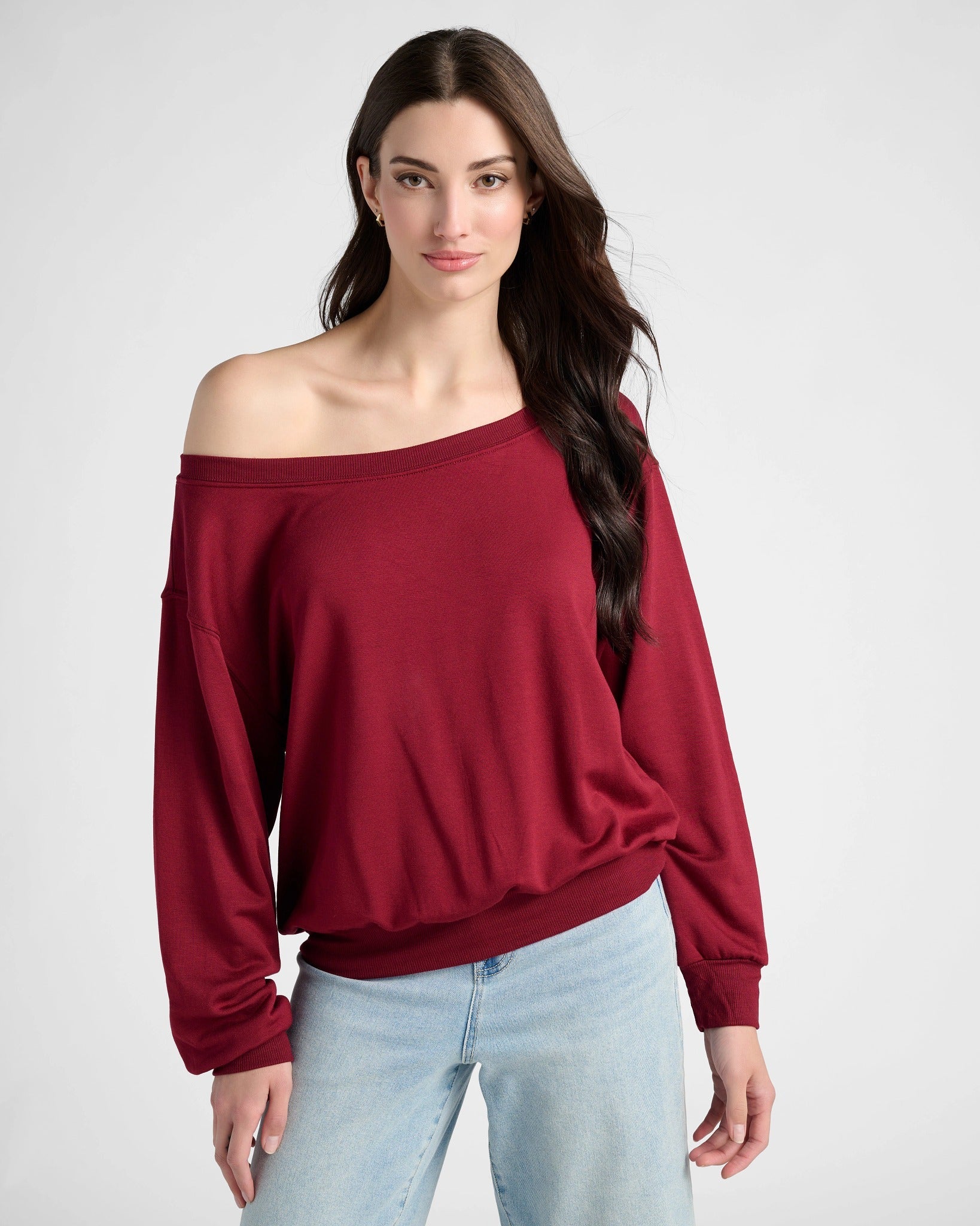 Cabernet $|& SEAS Brooksville One Shoulder Sweatshirt - SOF Front