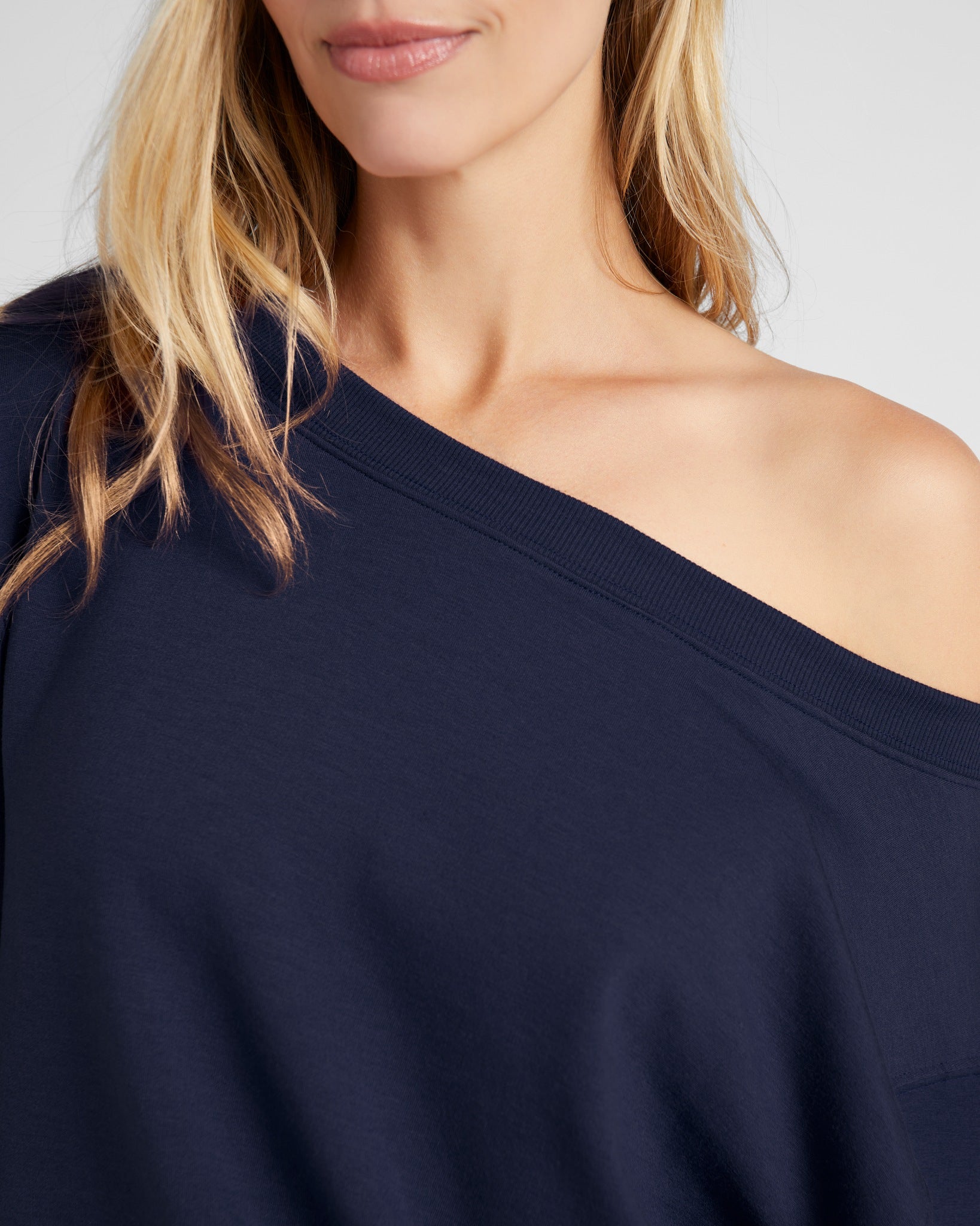 Navy $|& SEAS Brooksville One Shoulder Sweatshirt - SOF Detail