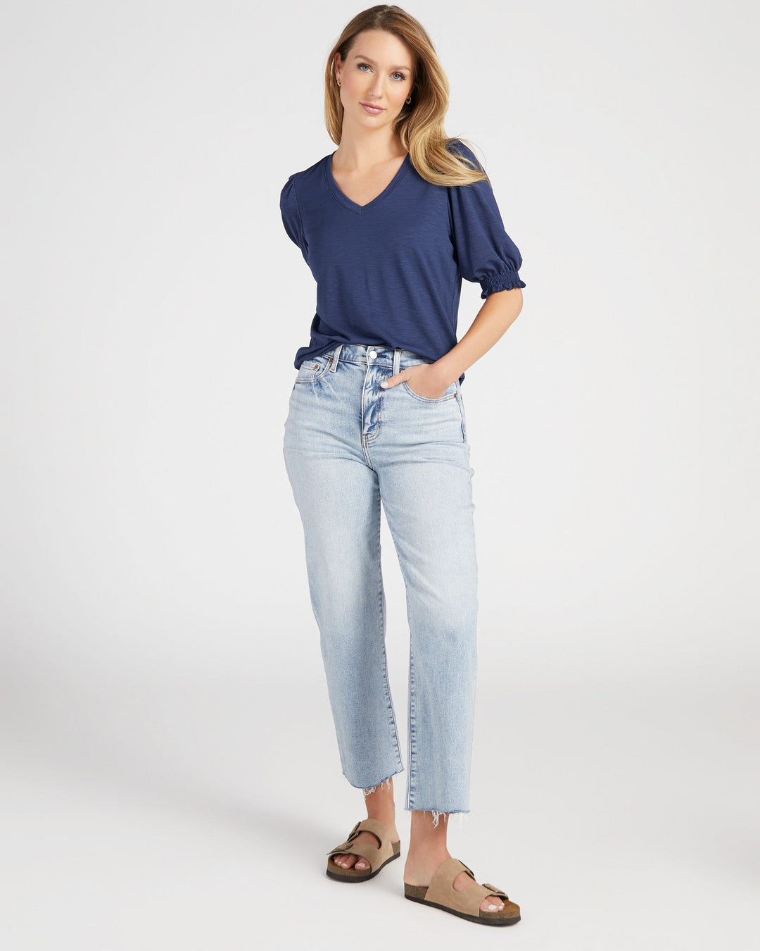 Navy $|& 78&SUNNY V-Neck Puff Sleeve Top - SOF Full Front