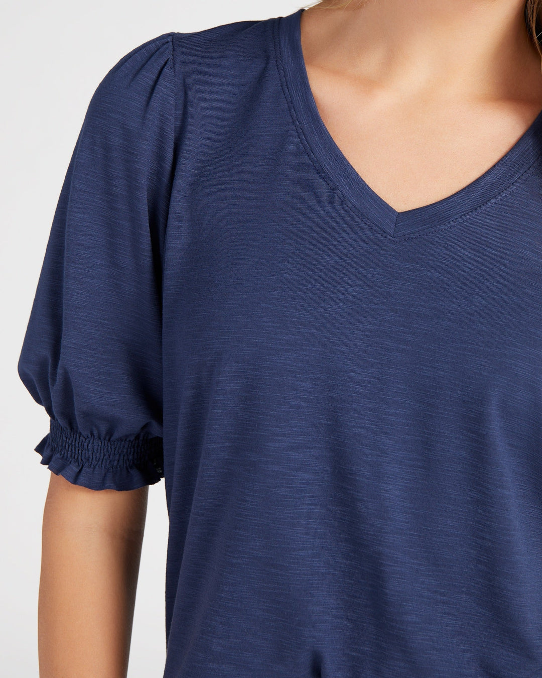 Navy $|& 78&SUNNY V-Neck Puff Sleeve Top - SOF Detail