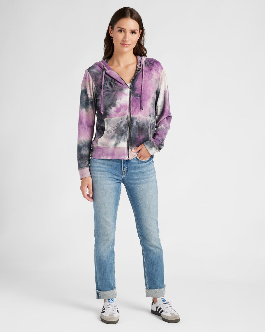 Purple/Black $|& 78&SUNNY Tie Dye Sweater Knit Full Zip Hoodie - SOF Full Front