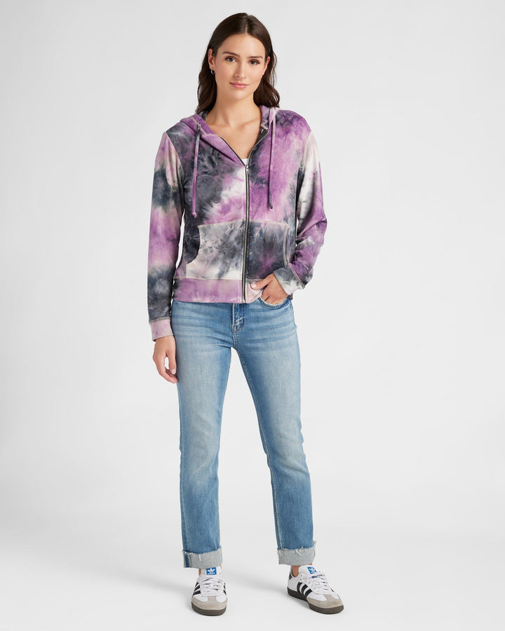 Purple/Black $|& 78&SUNNY Tie Dye Sweater Knit Full Zip Hoodie - SOF Full Front