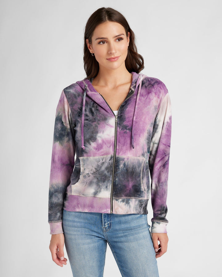 Purple/Black $|& 78&SUNNY Tie Dye Sweater Knit Full Zip Hoodie - SOF Front