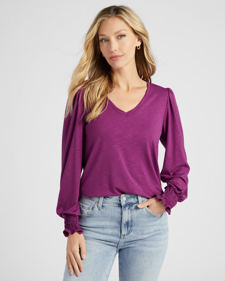 Plum $|& 78&SUNNY Puff Shoulder Smocked Long Sleeve Top - SOF Front