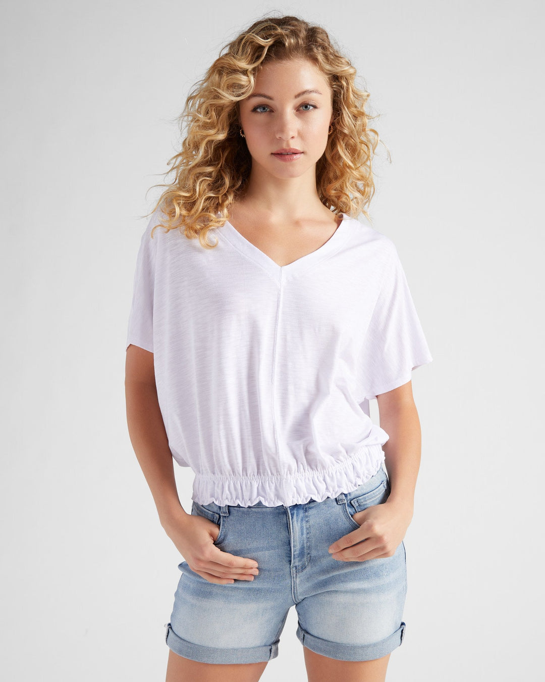 White $|& 78&SUNNY Gathered Waist Slub V-Neck Tee - SOF Front