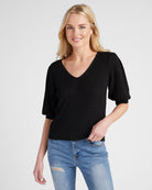 Black $|& SEAS Coastal V-Neck Elbow Sleeve Sweater - SOF Front
