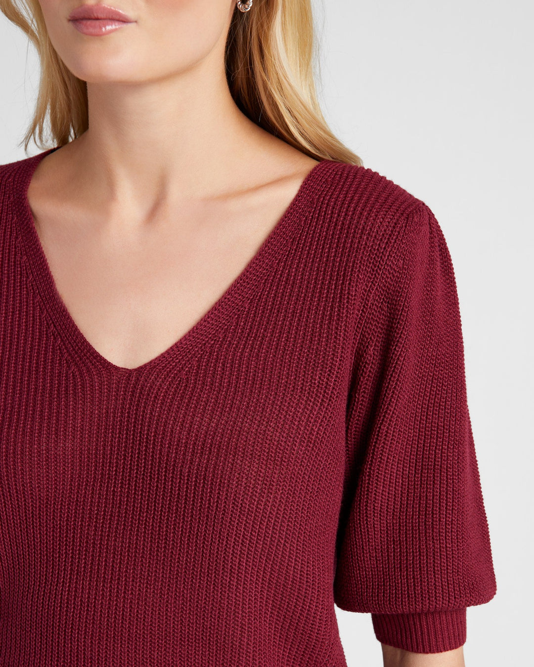 Cabernet Red $|& 78&SUNNY Coastal V-Neck Elbow Sleeve Sweater - SOF Detail