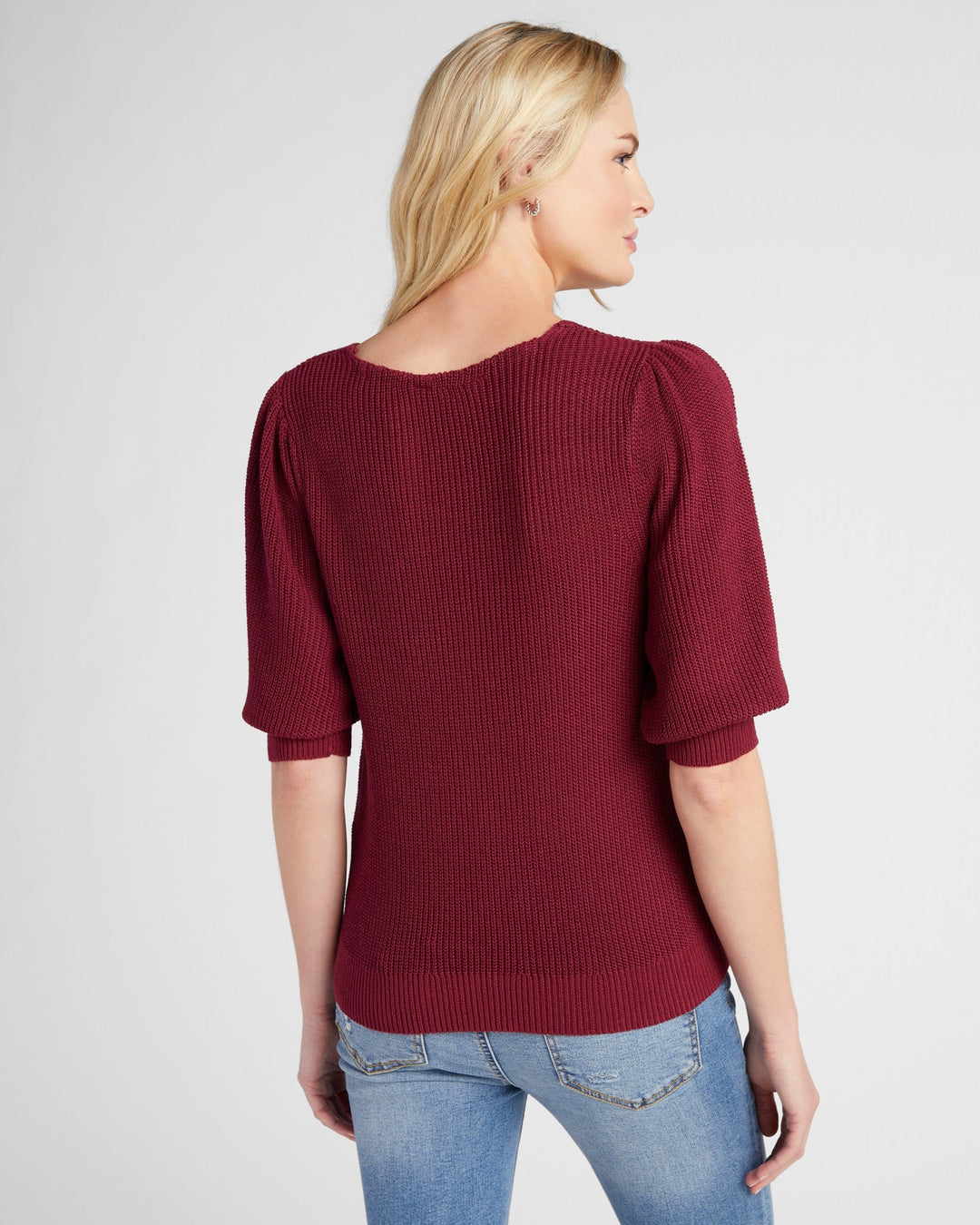 Cabernet Red $|& 78&SUNNY Coastal V-Neck Elbow Sleeve Sweater - SOF Back