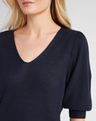 Navy $|& 78&SUNNY Coastal V-Neck Elbow Sleeve Sweater - SOF Detail