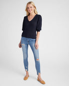 Navy $|& SEAS Coastal V-Neck Elbow Sleeve Sweater - SOF Full Front