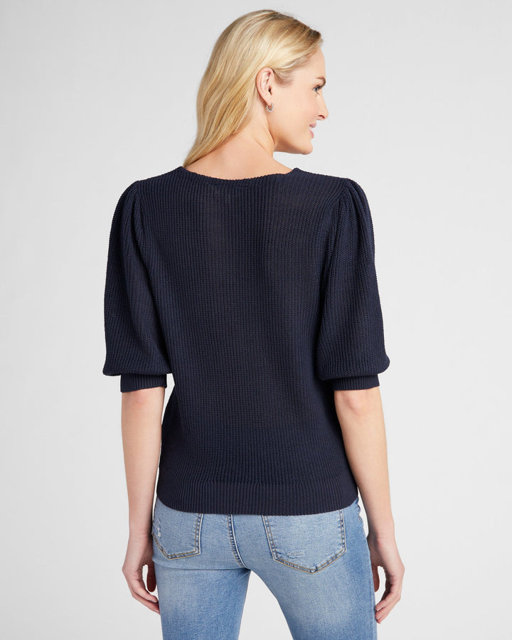 Navy $|& 78&SUNNY Coastal V-Neck Elbow Sleeve Sweater - SOF Back