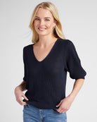 Navy $|& 78&SUNNY Coastal V-Neck Elbow Sleeve Sweater - SOF Front