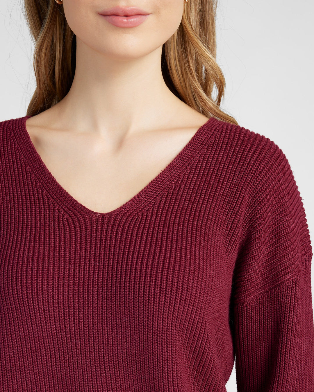 Cabernet Red $|& 78&SUNNY Coastal V-Neck Pullover Sweater - SOF Detail