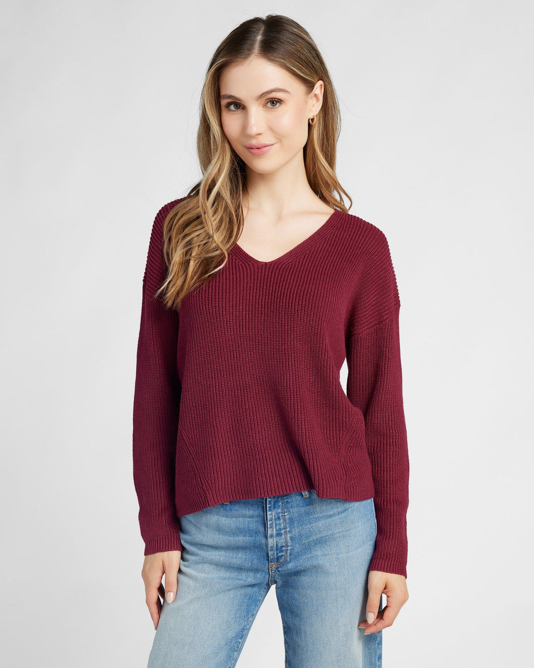 Cabernet Red $|& 78&SUNNY Coastal V-Neck Pullover Sweater - SOF Front