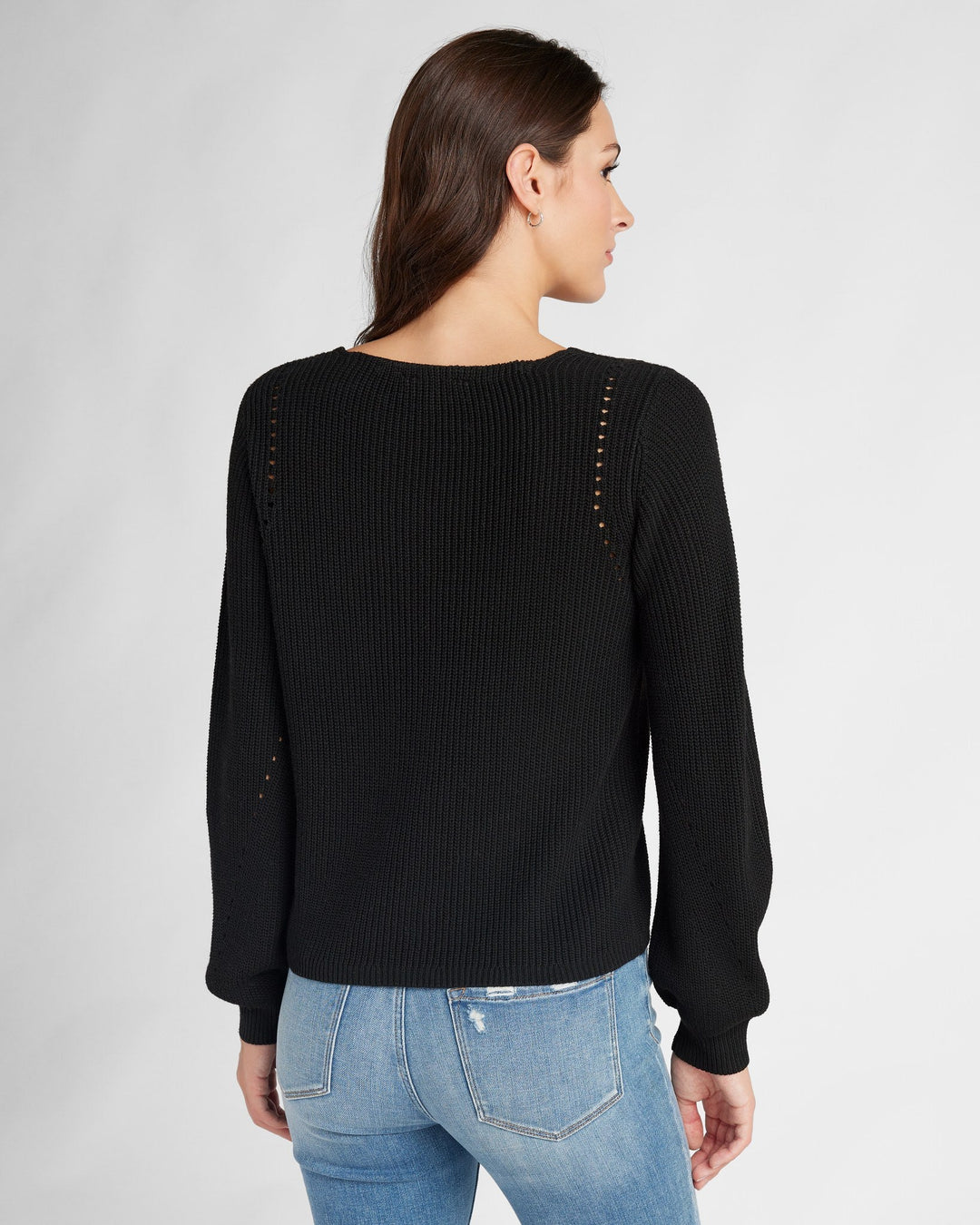 Black $|& 78&SUNNY Coastal V-Neck Balloon Sleeve Sweater - SOF Back