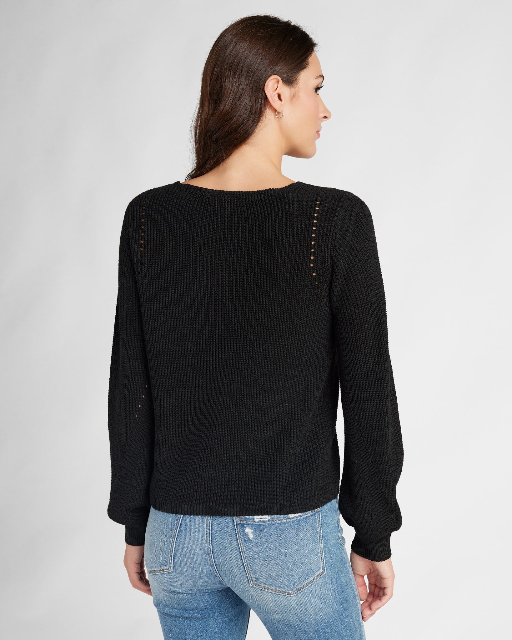 Black $|& SEAS Coastal V-Neck Balloon Sleeve Sweater - SOF Back