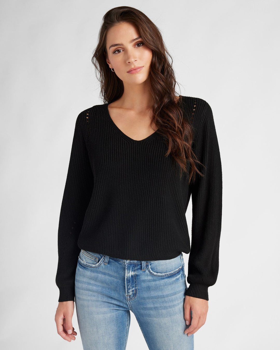 Black $|& 78&SUNNY Coastal V-Neck Balloon Sleeve Sweater - SOF Front