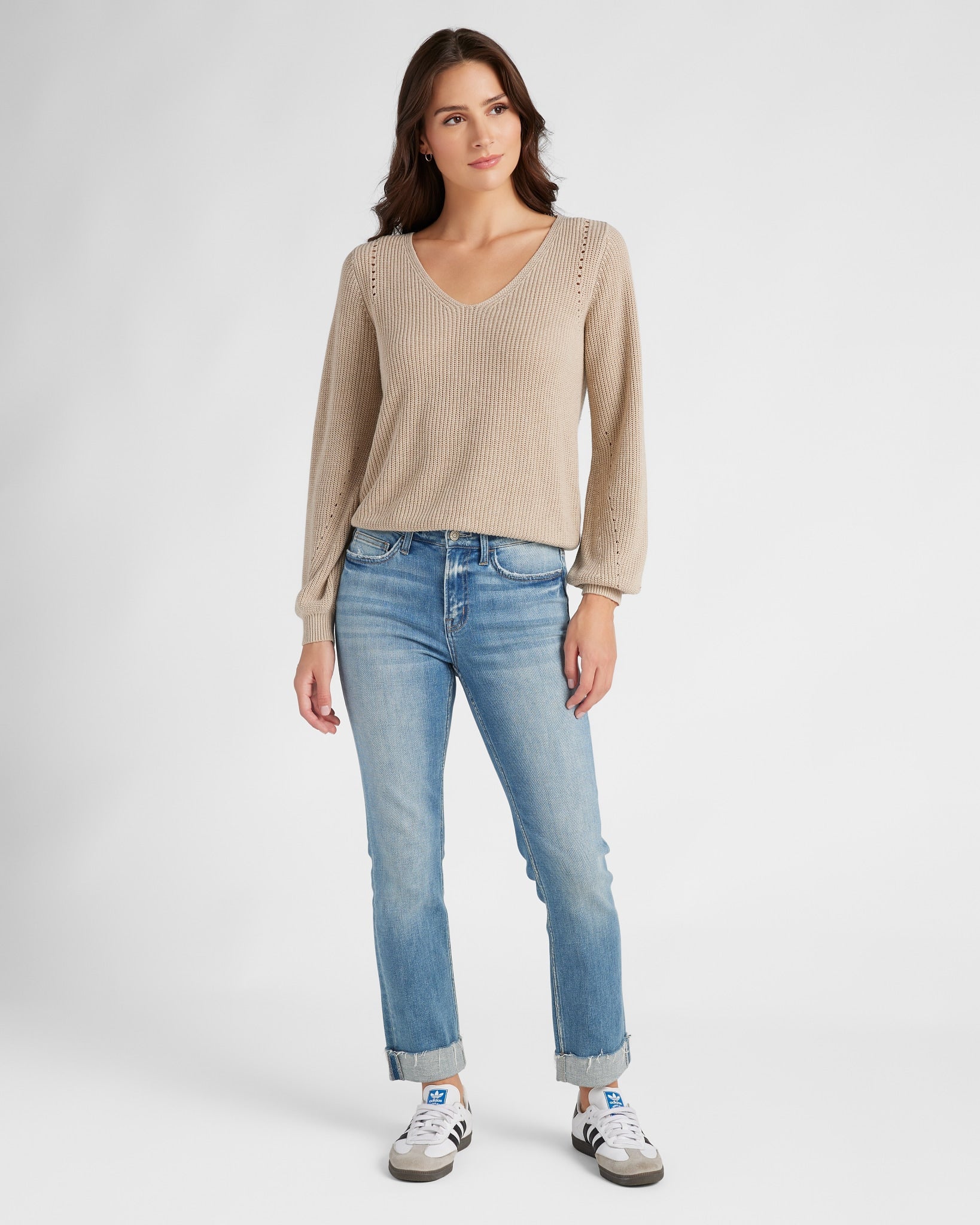 Oatmeal $|& SEAS Coastal V-Neck Balloon Sleeve Sweater - SOF Full Front