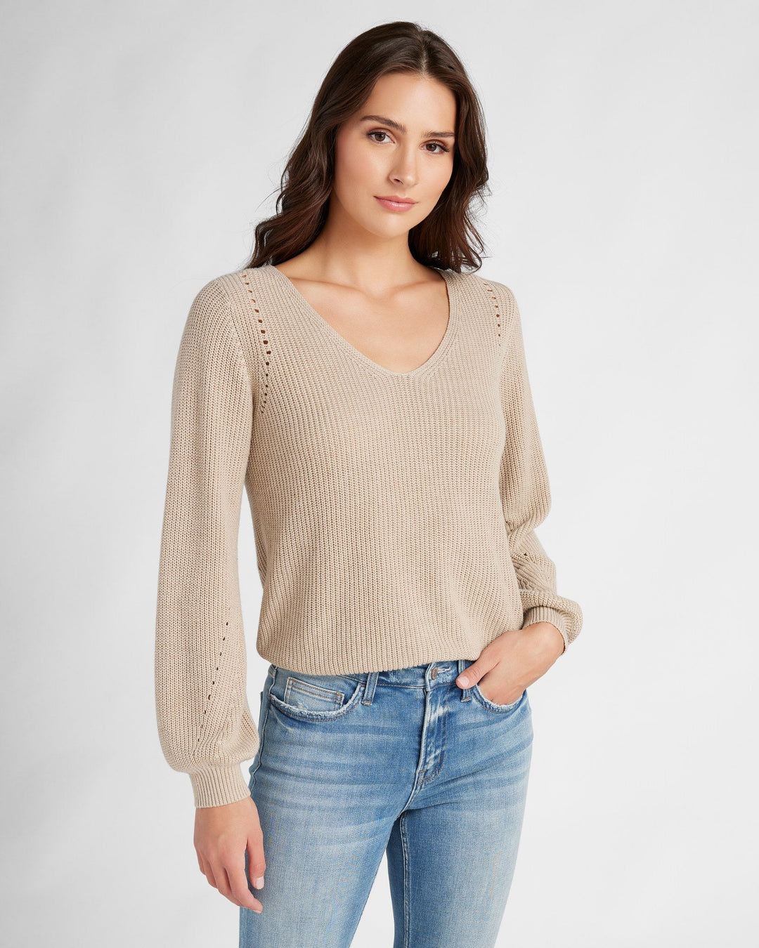 Oatmeal $|& 78&SUNNY Coastal V-Neck Balloon Sleeve Sweater - SOF Front