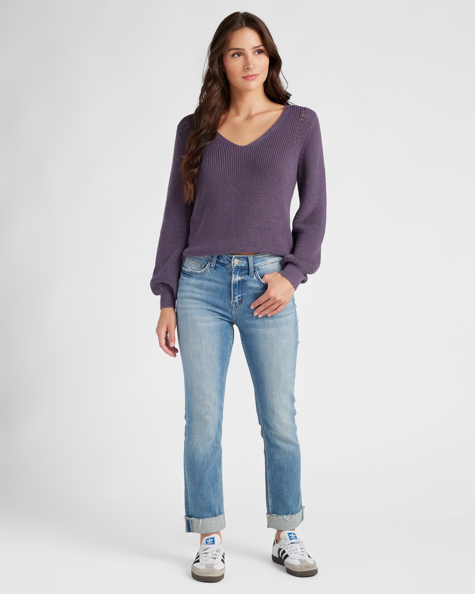 Lavender $|& SEAS Coastal V-Neck Balloon Sleeve Sweater - SOF Full Front